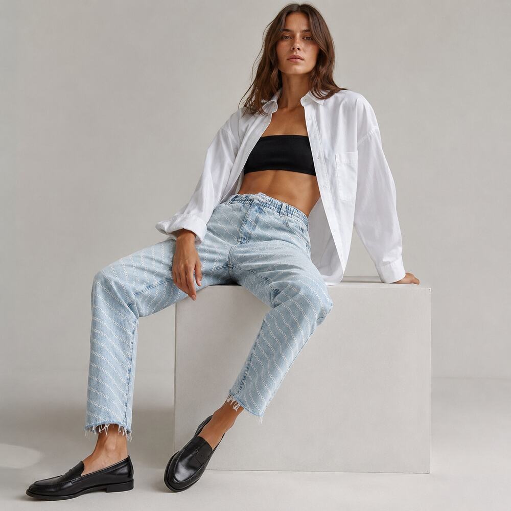 Alexander Wang Light Blue & White Logo Print Jogger Raw Edge Jeans, size S